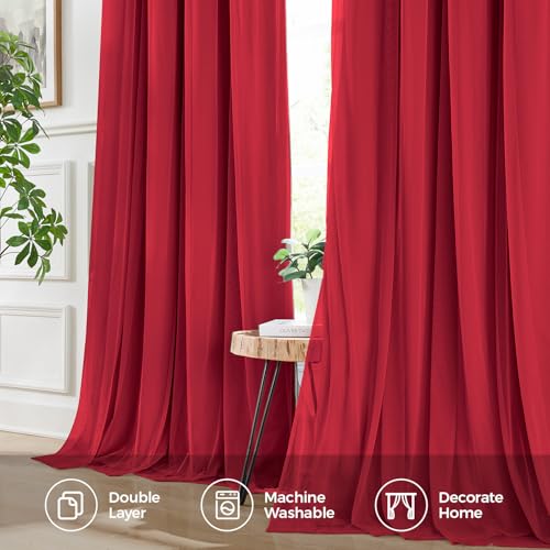 Image of 100% Blackout Curtains for Bedroom, Double Layer Red Curtains, Black Out Curtain 63 inch Long with Sheer Overlay for Living Room, Room Darkening Window Drapes with Grommet, 52 inch W x 63 inch L