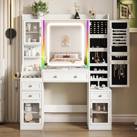 Maupvit Makeup Vanity Desk with LED Lighted Mirror and Power Strip and RGB Lights,White Vanity Table with Jewelry Cabinet,Large Dressing Table with 4 Drawers,3 Storage Cabinet and Lots Open Shelves Cover