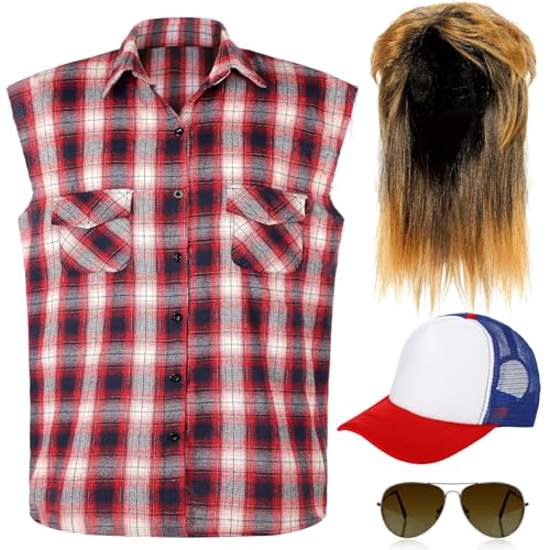 SATINIOR 80s Costume for Men Blonde Mullet Wig Men Flannel
