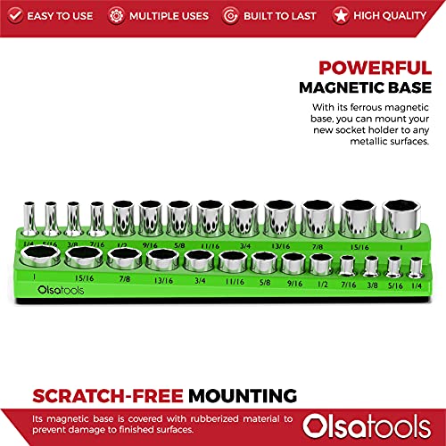 Image of Olsa Tools Magnetic Socket Organizer - 3 /8-Inch Drive SAE Socket Holder with Strong Magnets - Professional Tool Holder and Organizer - Stores up to 26 Sockets - Green - Part: 1116