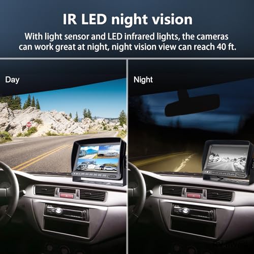 Image of RV Backup Camera System with 7'' Monitor Wired for RV Semi Box Truck Trailer Bus, 4 Split Screen Quad View HD DVR Record Monitor + IP69 Waterproof Night Vision Rear Side View Camera Avoid Blind Spot