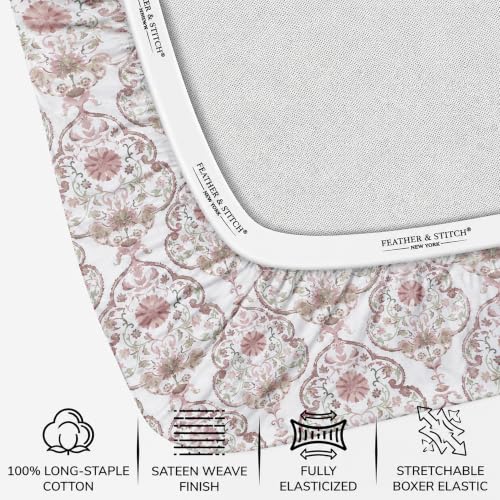 Image of Feather & Stitch Printed 500 TC Twin Size 3pc Damask Bed Sheet Set, 100% Soft Cotton Breathable Bedsheets, 18 inch Deep Pockets Sateen Weave Striped Bedding Mattress Resort Hotel Luxury - Floral Bloom
