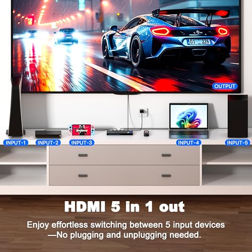 JCHICI HDMI Switch 5 in 1 Out 8K@60Hz 4K@120Hz - HDMI 2.1 Switcher Splitter with Remote, Auto-Switching - Supports HDCP 2.3, HDR10, Dolby Vision, 3D, VRR - Compatible with PS5/Xbox/PC/Blu-ray Player - Thumbnail 3