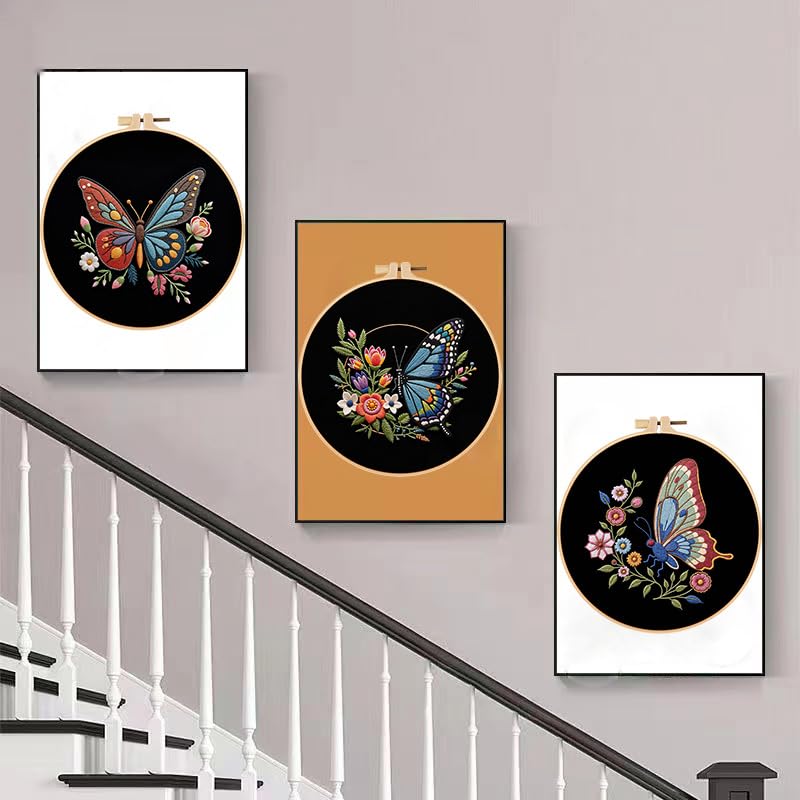 Image of Konrisa Flower Butterfly Embroidery Kits for Adults, Stamped Embroidery Starter Kit with Hoop,DIY Sewing Needlepoint Cross Stitch Kit, Set of 3