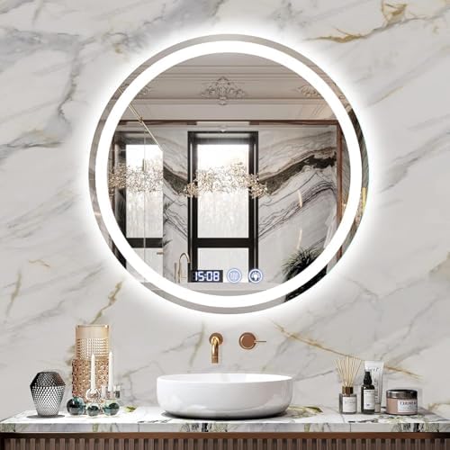 Espelho de Banheiro Redondo LED 60x60cm Antiembaçante | Vidro Tem...