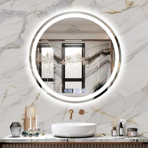 Espelho de Banheiro Redondo LED 60x60cm Antiembaçante | Vidro Temperado 4mm à Prova de Quedas | 3 Cores Dimerizáveis e Dupla Iluminação | 110V