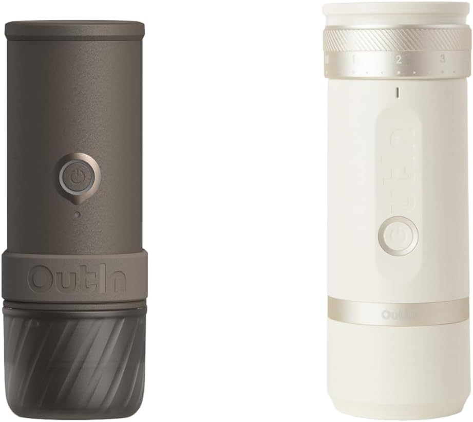 OutIn Mino with Fino, Portable Electric Espresso Machine with Portable Electric Coffee Grinder (Brown & White)