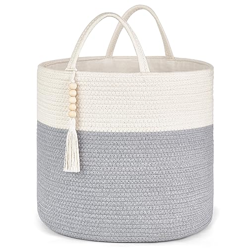 Mkono Woven Storage Basket Decorative Rope Basket Wooden Bead Decoration for Blankets,Toys,Clothes,PlantOrganizer Bin with Handles Living Room Home Decor, Grey and White, 16" W × 13.8"L