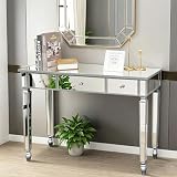 Henf Mirrored Vanity Desk Silver Console Table Sofa Table with 3 Drawers, Modern Glass Vanity Dressing Table Makeup Stand for Entryway/Foryer/Bedroom/Living Room