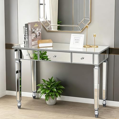 Henf Mirrored Vanity Desk with 3 Drawers and Diamonds