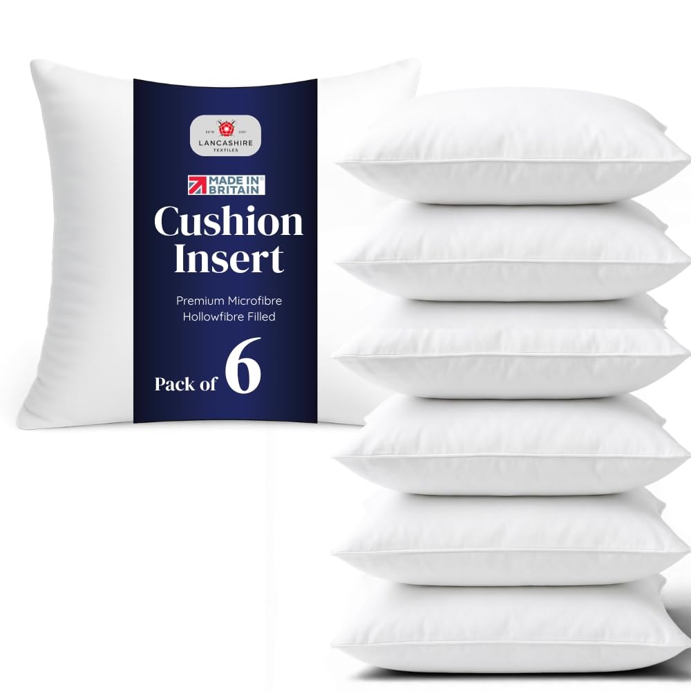 Lancashire Textiles 6 Pack Cushion Pads 24x24 Inch (60x60cm) – Premium Hollowfibre Cushion Inserts, Soft Microfibre Sofa Cushion Inner Pads, Hypoallergenic Scatter Cushions Made in Britain