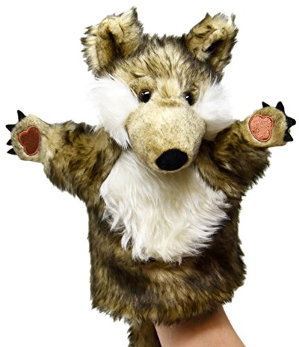 Preisvergleich Produktbild Lashuma Kuscheltier Stoffpuppe Wolf, Plüschtier Theaterpuppe für Kaspertheater, Graue Plüschwolf Handpuppe 25 cm