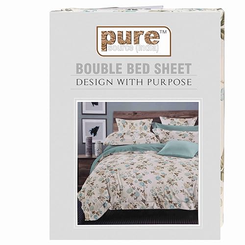 Image of Pure Source India Pure Cotton Elegance Bedding Set, Dreamy Cotton Comfort Double Bed Sheet with Pillow Covers (Ivory Green Blue Flora)