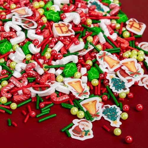 Edible Christmas Sprinkles for Cake Decorating,130g White Red Candy Cane,Red Green Pearls and Jimmies,Trees and Theme Glutinous Rice Paper,Holiday Sprinkle Cupcake Toppers,Cookie,Party Decorations