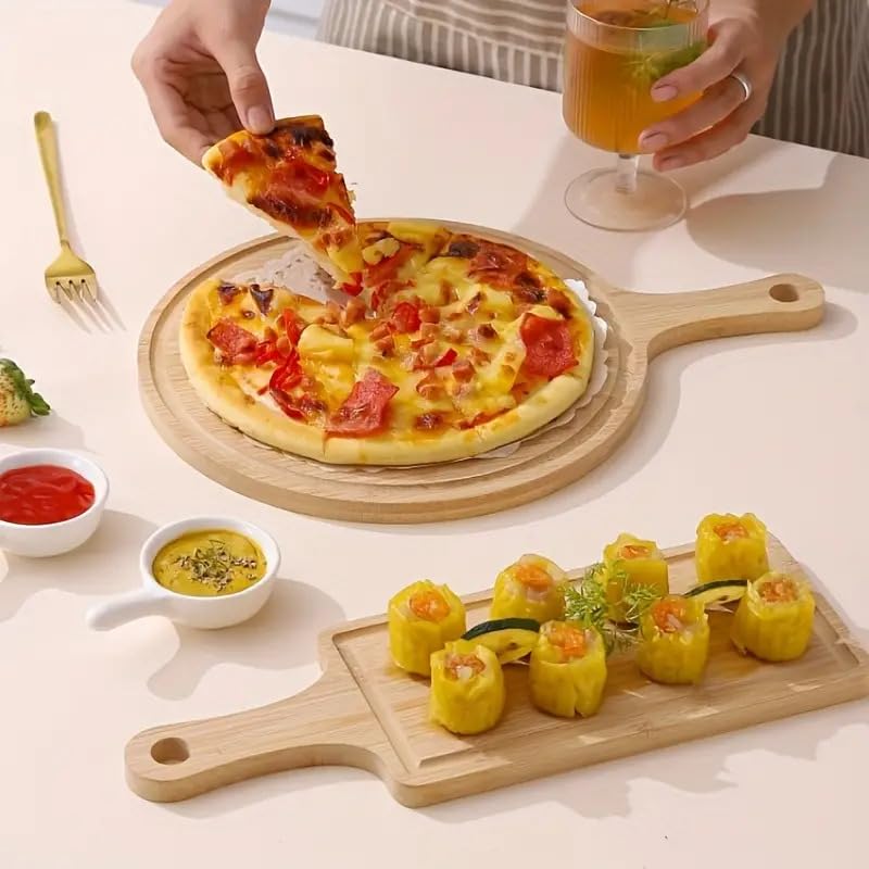 SUNBEET Cheese Board Knife Set with Wood Bamboo Handle Meat Vegetable Kitchen Plate & 1 Cheese Knife & A Cheese Fork,Serving Board (Round Cheese Board) 1