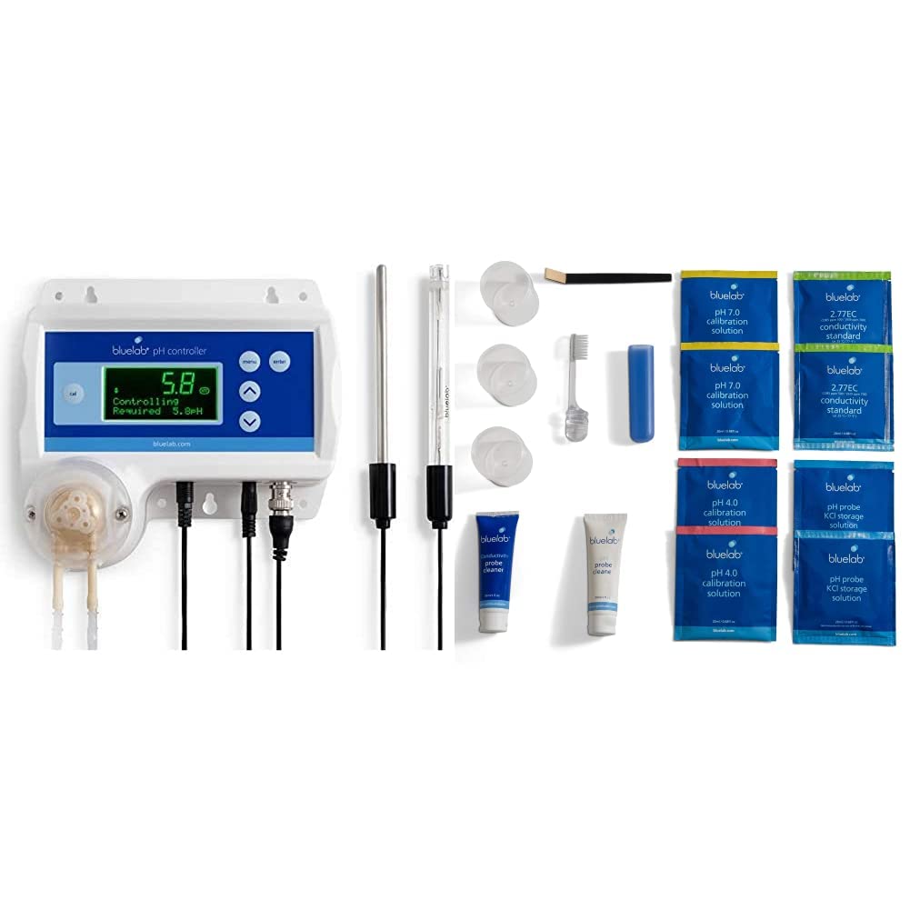 bluelab CONTPH pH Controller with Monitoring and Dosing in Water Digital Meter, 1, White & CAREKITPHCON Probe Care Kit for pH and Conductivity (TDS) Probes and Pens with 4 Solutions and Cleaners