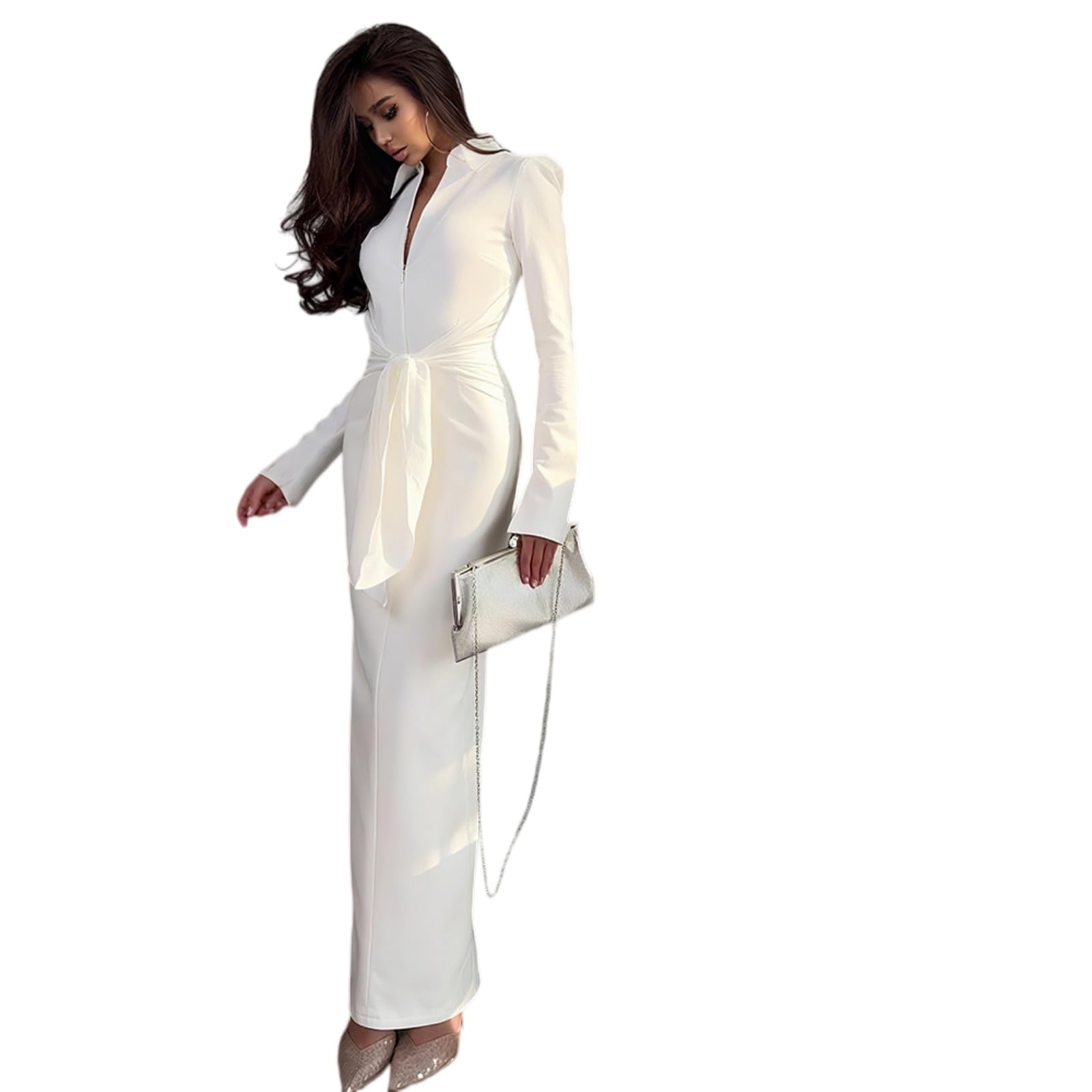 Vestito Elegante Abito da Ufficio E Serata Bodycon, Manica Lunga Wrap Design con Fessura Zip Laterale, Sofisticato Abbigliamento Donna-White-m
