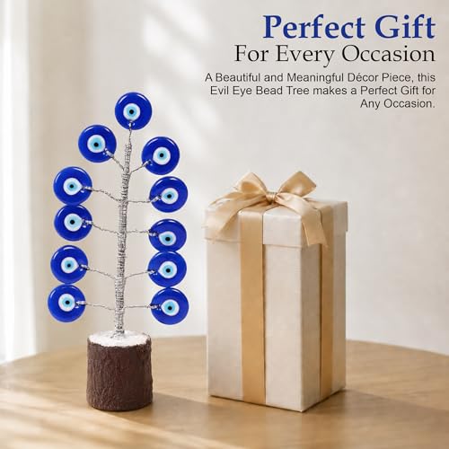 Image of Evil Eye Protection Tree Decor for Home & Office | Nazar Suraksha Blue Eye Tree Stand with Wooden Base | Feng Shui Vastu Positive Energy & Protection Showpiece