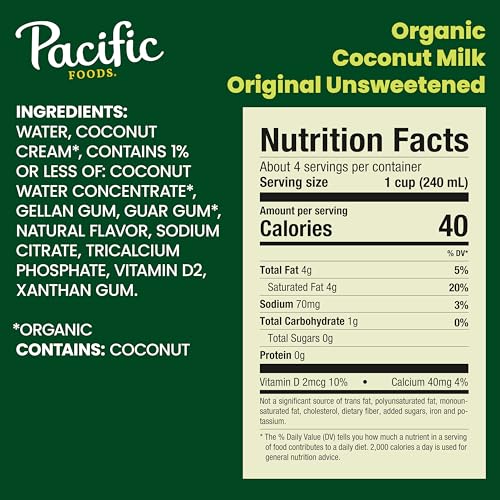 Image of Pacific Foods Organic Unsweetened Coconut Milk, Plant Based Milk, 32 oz Carton (12 Pack)