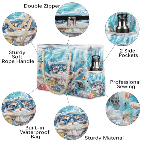 cfpolar Ocean Cat Diving Sumer Beach Bag for Women Ladies Large Beach Pool Tote Bag Sandproof Beach Tote with Zipper Gym Tote Carry On Bag Reusable Grocery Shopping Bag for Weekender Travel Daily3