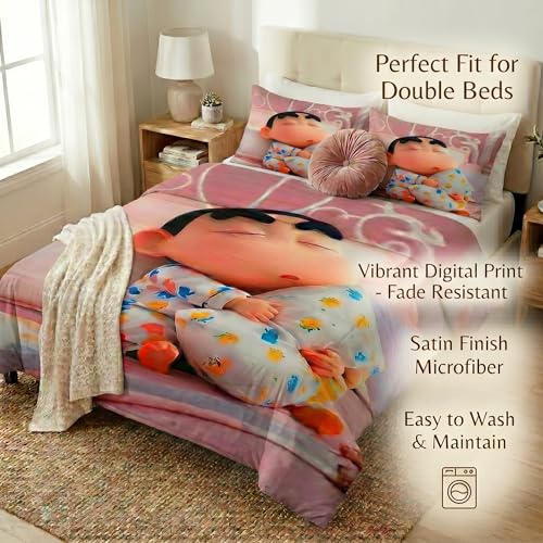 Image of Shinchan 7D Printed Bedsheet for Double Bed | Glace Cotton 7D Digital Print | 90x100 Inch (228x254 cm) | 1 Bedsheet + 2 Pillow Covers | Soft, Breathable & Vibrant Colour Bedding Set