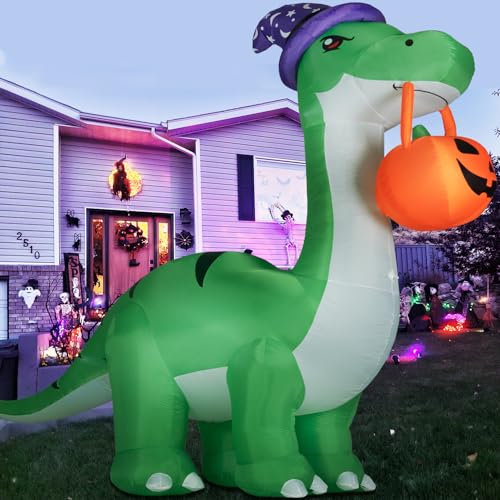 Kendane 10FT Halloween Inflatable Huge Dinosaur Decorations Outdoor Blow Up Yard Decorations Built-in LED Lights Halloween Party Decorations with Witch Hat and Pumpkin for Garden/Lawn.