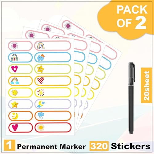 Image of GLUN 320 Waterproof Label Name Stickers (20 Sheets) Durable for Kids Bottles, Lunch, Clothes, Kitchen, Pantry & More Pack of 2, 20 Labels