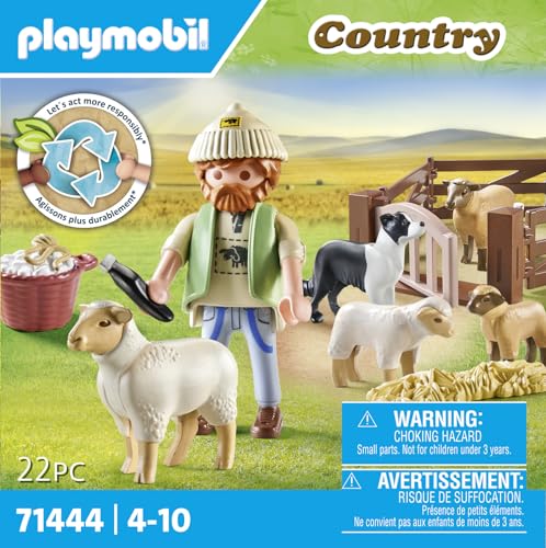 PLAYMOBIL Country 71444 Junger Schäfer mit Schafen, Hüten und Pflegen der Schafe mithilfe des Bordercollies, mit Zubehör wie Haartrimmer und Strohballen, nachhaltiges Spielzeug für Kinder ab 4 Jahren