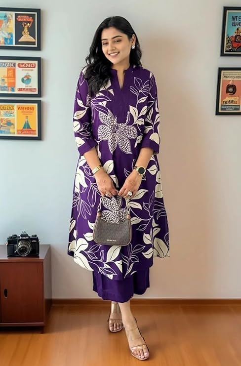 Image of LookMark Women's Floral Printed Cotton Blend 3 /4th Sleeve Knee Length V-Neck Kurta and Palazzo Set for Women