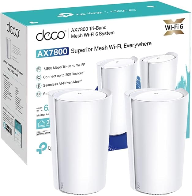 TP-Link Deco X95 AX7800 Whole Home AI-driven Mesh Wi-Fi 6 System, Tri-Band, Connect up to 200 devices, Cover up to 6,100 ft2, 1.7 GHz Quad-Core CPU, HomeShield Security, Easy setup, Pack of 2