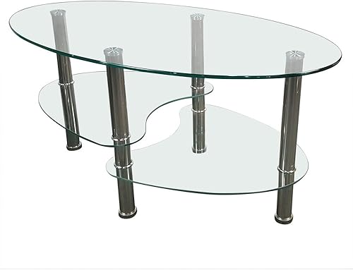 Miniatura 11 de Mesa de centro de cristal de 2 niveles, mesa de centro de vidrio templado, mesa central moderna rectangular mesa de té ovalada de vidrio con estante