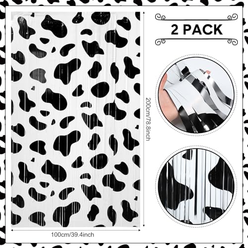 Image of WovWeave 2 Pcs Cow Party Decorations 3.3 x 6.6 ft Black and White Cow Farm Foil Fringe Curtains Backdrop Tinsel Streamers for Photo Booth Farm Birthday Disco Cowgirl Rodeo Party Decor Supplies
