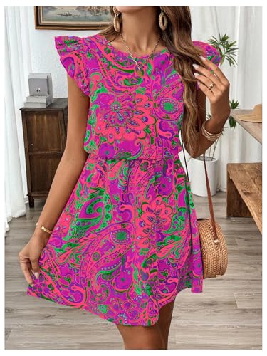Image of SOLY HUX Women's Boho Print Tie Back Mini Dress Ruffle Cap Sleeve Crew Neck Vacation Dresses