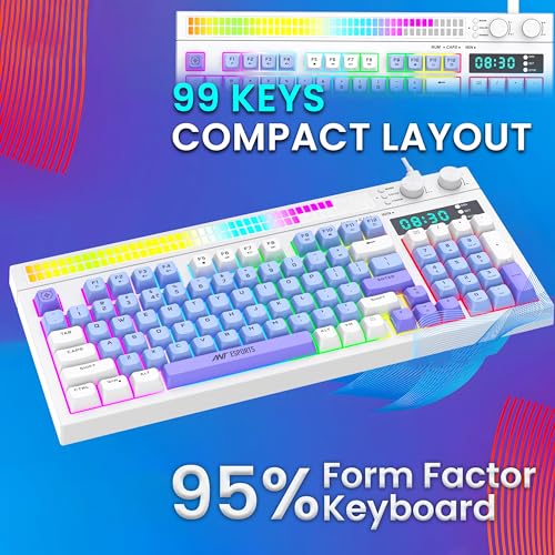 Image of Ant Esports MK1900 RGB Wired Gaming Keyboard with Volume Knob & Alarm Clock, 93 Keys + 6 Macro Keys, Mechanical Feel Membrane, DIY Backlit Effects, Compatible Windows /Mac /Linux - White /Purple /Blue