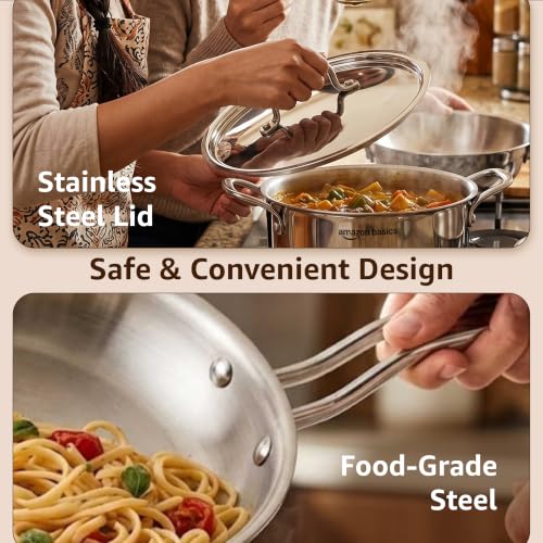Image of Amazon Basics Triply Stainless Steel Cookware Set 7 Pcs - Deep Kadai(3.4L), Saucepan(1.7L), Casserole(1.8L), Frypan(1.2L) | With 3 Stainless Steel Lids | Dishwasher Safe | Induction and Gas Compatible
