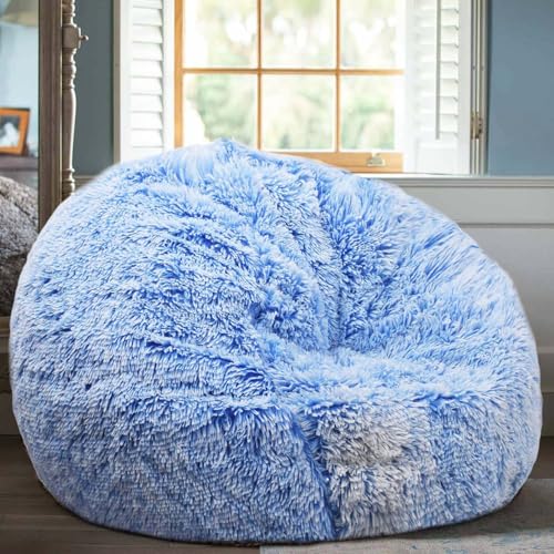 Image of Fluffy Bean Bag Chair, 3FT Round Memory Foam Filled Bean Bag for Teens & Kids, Ultra Soft Faux Fur Fabric Bean Bag Chairs for Playroom, Living Room, Bedroom, Blue