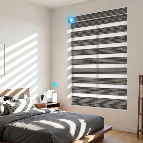 BERISSA Motorized Zebra Blinds with Remote,Smart Zebra Blinds for Indoor Windows with Voice,APP Control,Linen Rechargeable Electric Window Shades for Home,Office,XM-Dark Brown,Custom Size