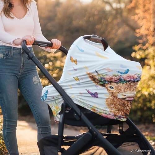 Image of Wanyint Highland Cow Butterfly Blue Infant Car Seat Cover, Baby Carseat Scarf Stretchy Nursing Scarf Car Seat Canopy Breathable Nursing Cover for Boys Girls