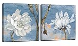 Anolyfi Flowers Wall Art Canvas White Lotus Pictures Modern Water Lily Painting Retro Blue Grey...