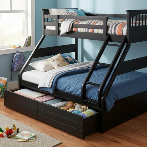 Image of APRODZ Haven Queen Size Solid Wood Bunk Bed with 2 Drawer Storage | Wooden Twin Over Bed with Ladder for Kids' Room Bedroom Living Room Home (Black Finish)