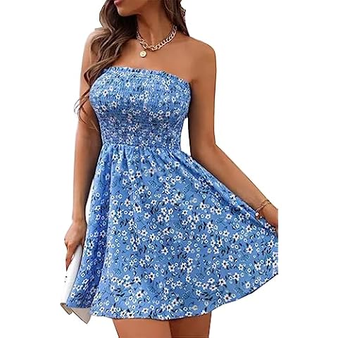 FECAFO Colorful Striped Strapless Bandeau Mini Dress Women Summer Backless Tube Tank Dress Beach Cover Ups Short Sundress (As Show1 M) Cover