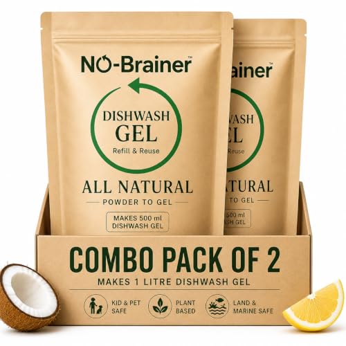 Image of NO BRAINER Dishwash Powder to Liquid | Natural Plant-Based, Non-Toxic Dishwash Liquid | Hard on Grease, Easy on Hands | No Residue | Baby & Pet Safe | No Plastic Waste | Lime (2 Pouch for 1 Litre)