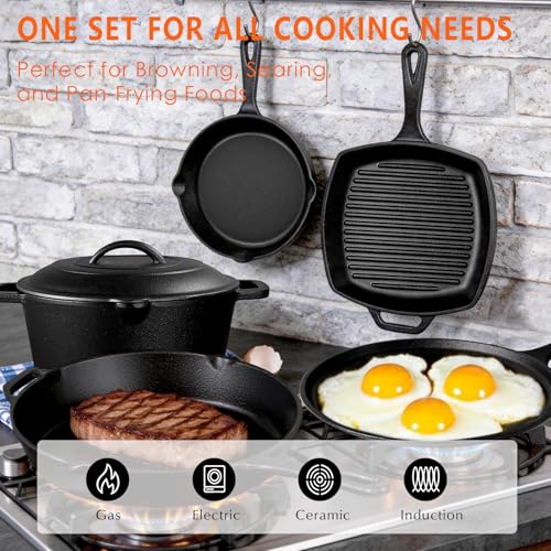 Image of 6 Piece Pre-Seasoned Cast Iron Cookware Set - Incl. 5QT Dutch Oven with Lid, 8'' and 10.25'' Cast Iron Skillets, 10.5'' Round Griddle, and a Square Grill Pan for Kitchen, Stovetop, & Camping