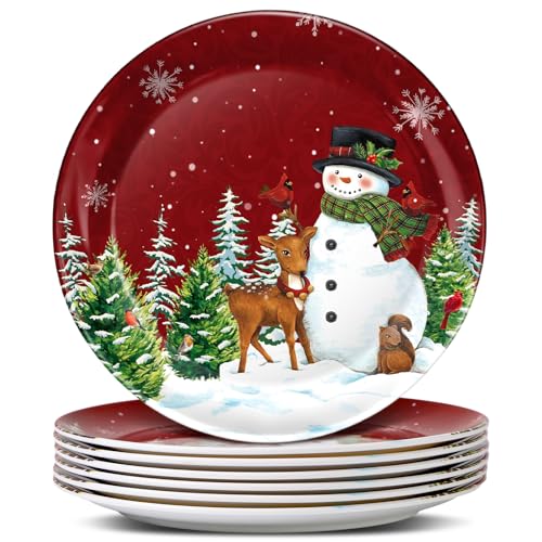 Rtteri 6 Pcs Christmas Dinner Plates 10 Inch Xmas Melamine Serving Trays Christmas Theme Round Dessert Plates Reusable Dessert Supplies for Xmas Birthday Party (Red,Snowman)