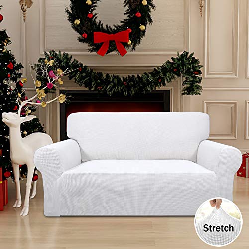 Image of Easy-Going Stretch Loveseat Slipcover 1-Piece Sofa Cover Furniture Protector Couch Soft with Elastic Bottom for Kids Polyester Spandex Jacquard Fabric Small Checks (Loveseat, Snow White)