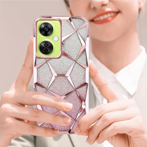 Image of Stylish Gradient Glitter Case for OnePlus Nord CE 3 Lite 5G Luxury Electroplated 3D Cube, Diamond Bling Shiny Soft TPU Clear Shockproof Women & Teen Girls Protective Phone Cover (Pink)