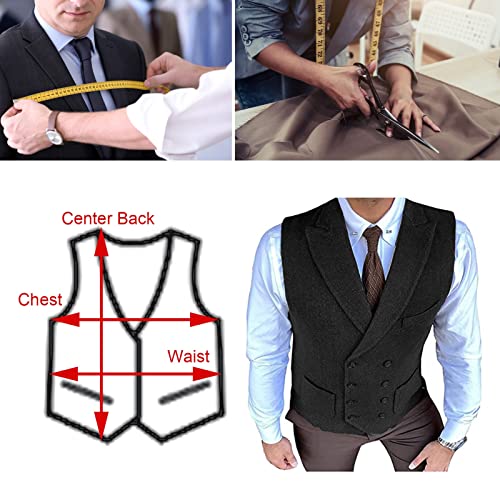 Men's Double Breasted Herringbone Tweed Waistcoat Vintage Lapel Business Wedding Suit Vest for Tuxedo Suit (Color : Black, Size : 5X-Large)2