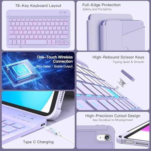 Image of RAYMCRAFT for iPad 11th(A16, 2025) /10th Generation Case with Keyboard, 360 Rotatable Case & Detachable Backlit Keyboard, Precision Cutouts and Pen Holder for iPad A16 11'' /10th 10.9'', Purple