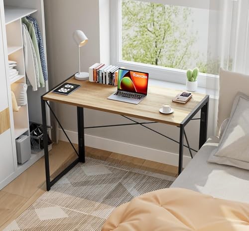 Image of Modern Wooden Computer Desk Home Office Study Desk with Metal Frame, Minimalist Writing Desk Laptop PC Workstation Table for Home Office Study Room Bedroom (Brown)
