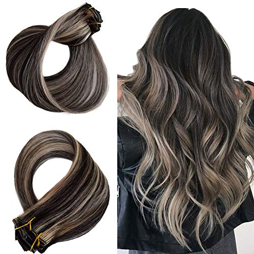 Preisvergleich Produktbild Clip in Haarverlängerungen Set Echthaarverlängerungen Remy Hair Balayage Clip in Extensions Schwarzes Highlight Dunkelblonde Haarverlängerungen Natürliche Haarverlängerungen Echte Haarverlängerungen